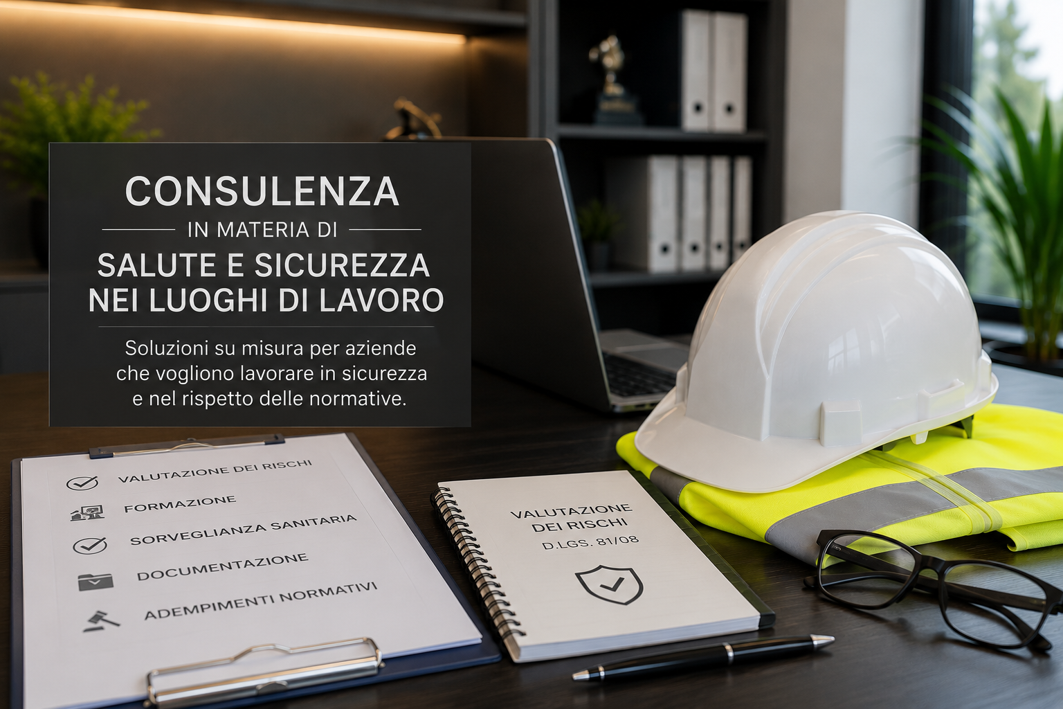 Materiale e documenti per consulenza su salute e sicurezza nei luoghi di lavoro: casco bianco, giacca gialla, occhiali, notebook, penna, e volantini informativi sul rischio e la normativa.