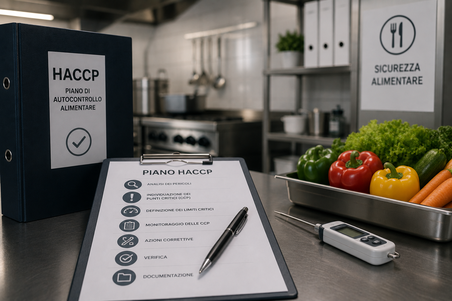 Una dispensa di alimenti freschi come peperoni, cetrioli, lattuga e carote, con documenti e attrezzature per il piano HACCP in una cucina industriale.