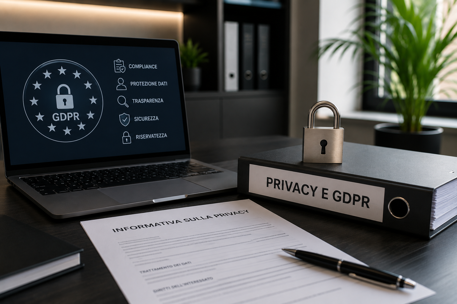 Scrivania con un portatile che mostra icone e testi sul GDPR e la privacy, una pila di documenti con scritto 'INFORMATIVA SULLA PRIVACY', una fascia con etichetta 'PRIVACY E GDPR', una lampada a forma di lucchetto e una penna.