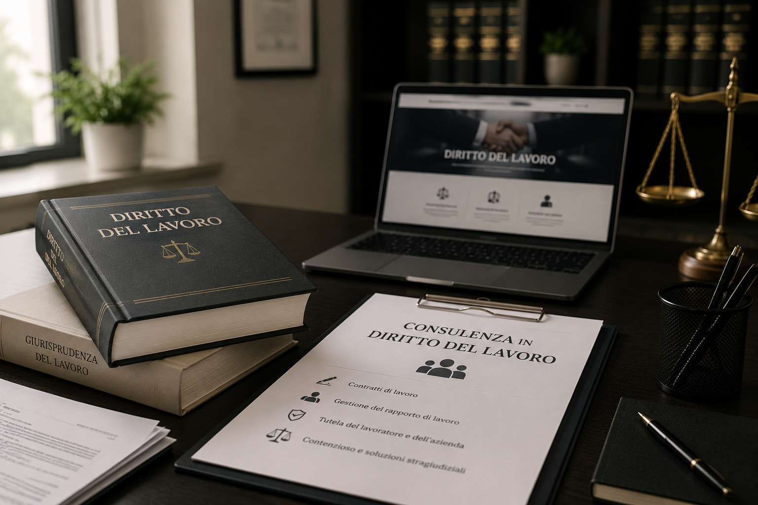 Scrivania con libri, documenti e un laptop, tema diritto del lavoro con simboli di giustizia e consulenza legale.