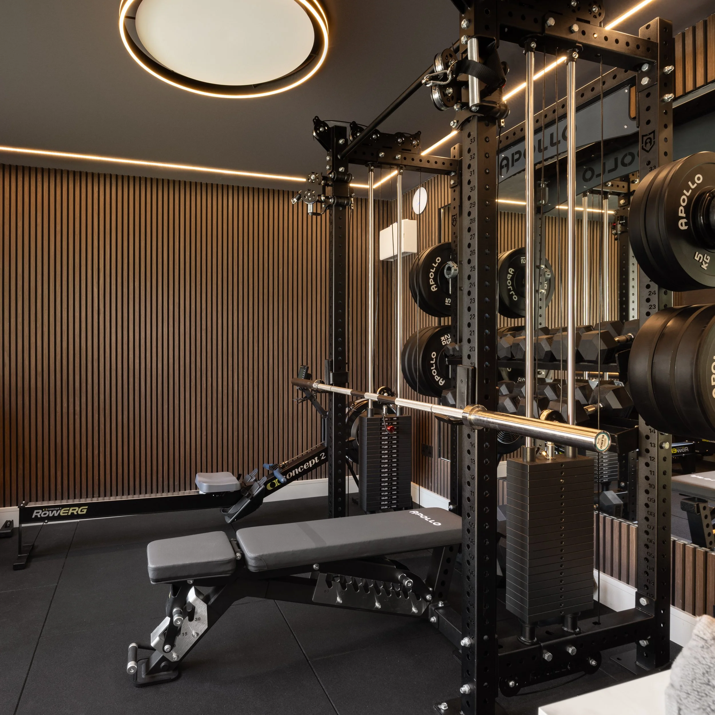 A modern gym with a black weight rack filled with black weight plates, an adjustable workout bench, wooden wall panels, and sleek ceiling lighting.
