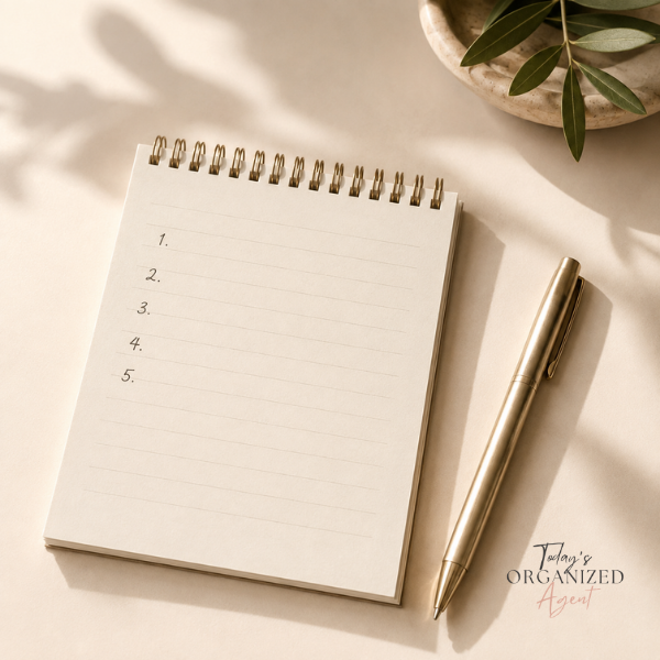 Notepad with a short list representing five daily client touches for real estate agents