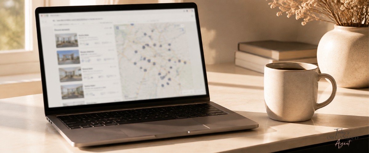 Laptop and coffee mug representing a real estate agent's daily market pulse habit