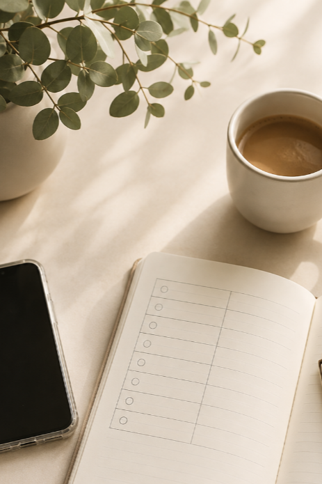 Open notebook and coffee cup representing a real estate agent's ten minute weekly review system.