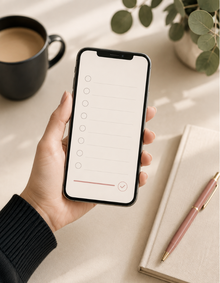 Hand holding a phone with a checklist, representing keeping a real estate vendor bench updated.