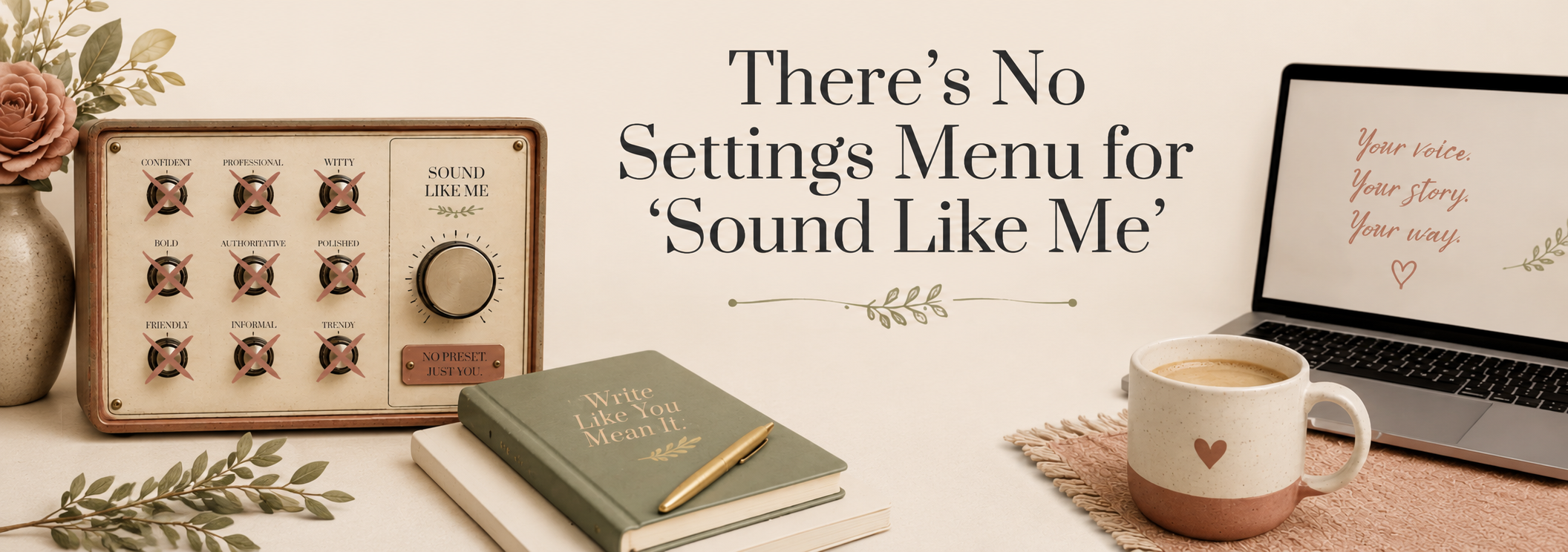 Warm editorial banner featuring a vintage control panel labeled "Sound Like Me," laptop, notebook, coffee mug, and soft greenery with the headline "There's No Settings Menu for 'Sound Like Me'" for AI writing and real estate branding.