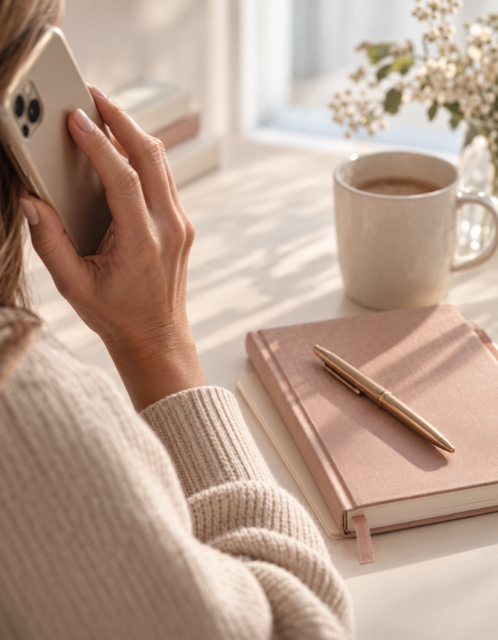 Hand holding a phone during a call, representing making the personal follow-up conversation.