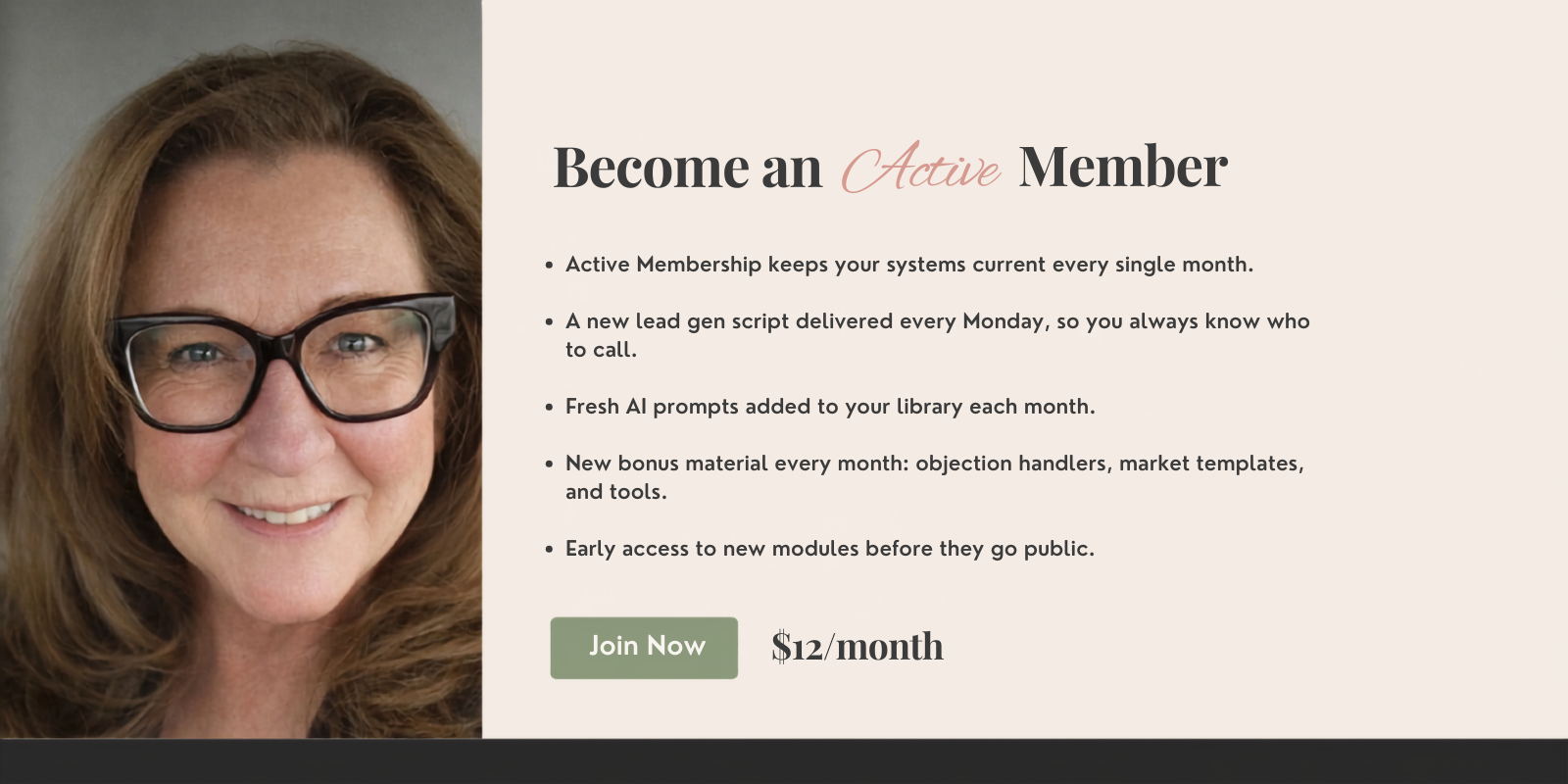 Today’s Organized Agent Active Membership with monthly lead generation scripts, AI prompts, bonus resources, and new training for real estate agents.