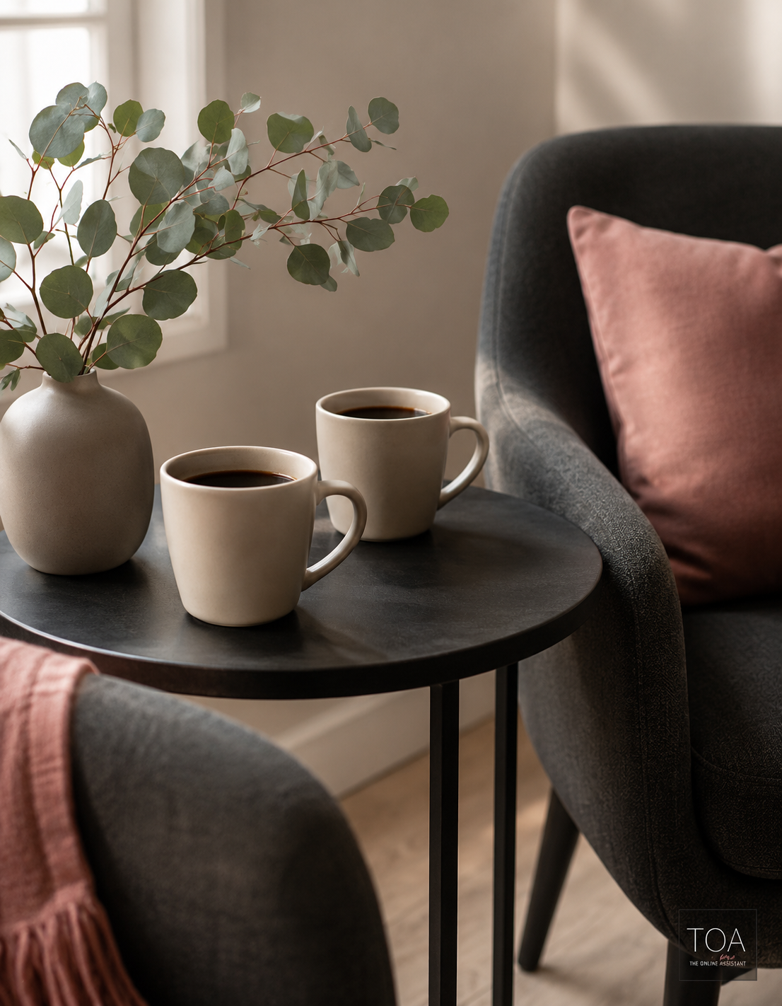 Two plain coffee cups on a small table between charcoal chairs with soft rose accents, representing professional relationships and conversation.