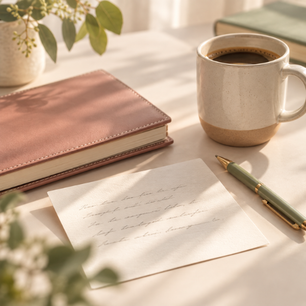 Handwritten note card beside an address book and coffee mug, representing a personal follow-up touch.