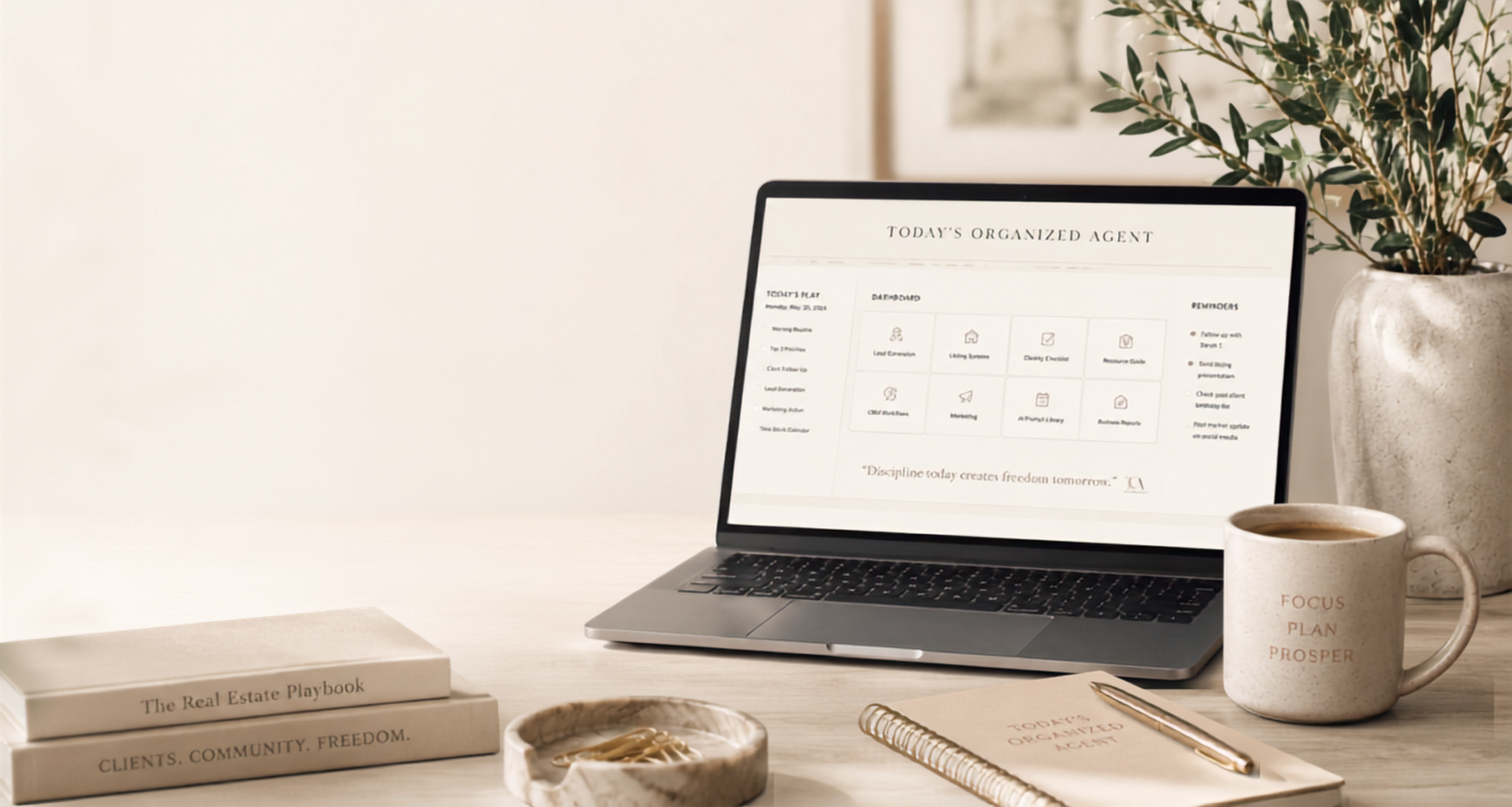 Easy To Understand AI for Realtors book by Michelle Demopolis, shown on a desk with a daily planner