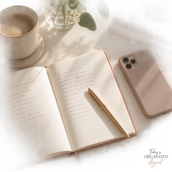 Open notebook with handwritten notes beside a phone, representing capturing details after a client conversation.