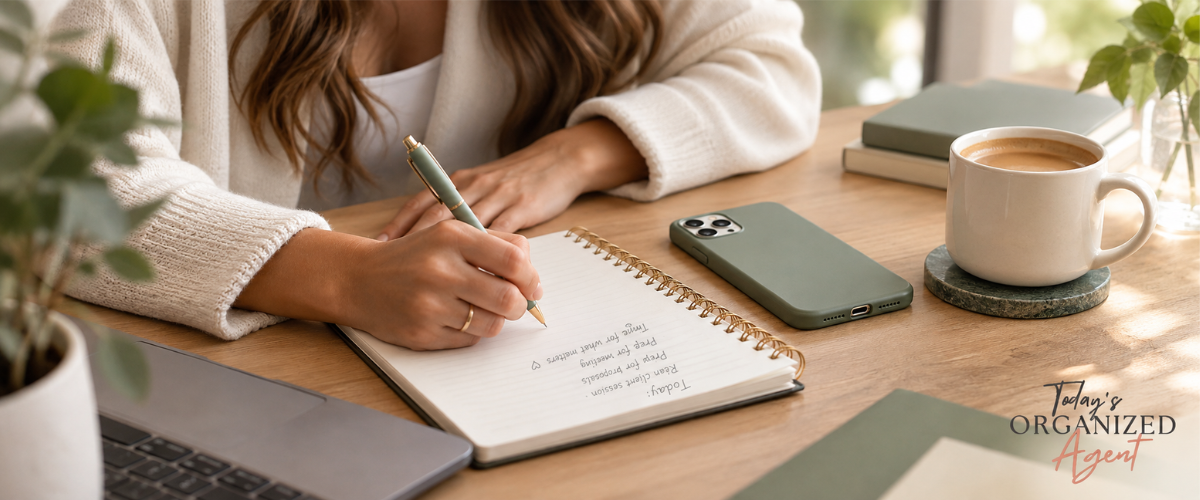 Real estate agent writing a daily workflow in a notebook beside a phone and coffee, representing organized business planning and productivity