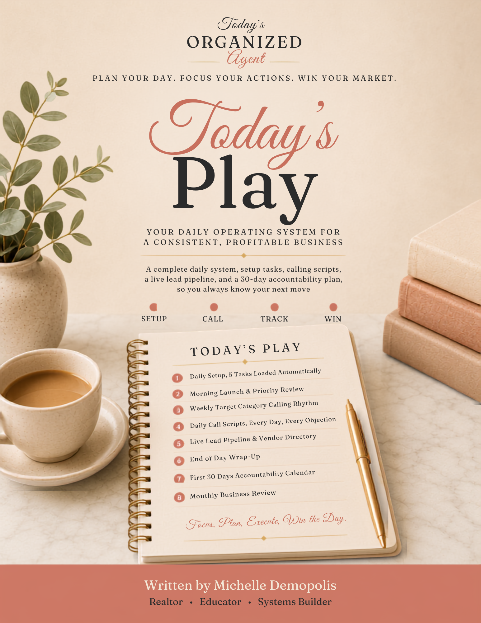 Today’s Play real estate daily operating system by Michelle Demopolis, with daily tasks, calling scripts, lead tracking, accountability, and business review tools.