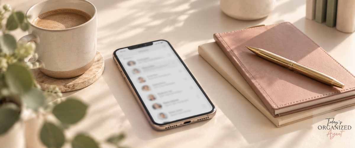Phone showing a blurred contact list beside a notebook, representing using AI to find who to contact next.
