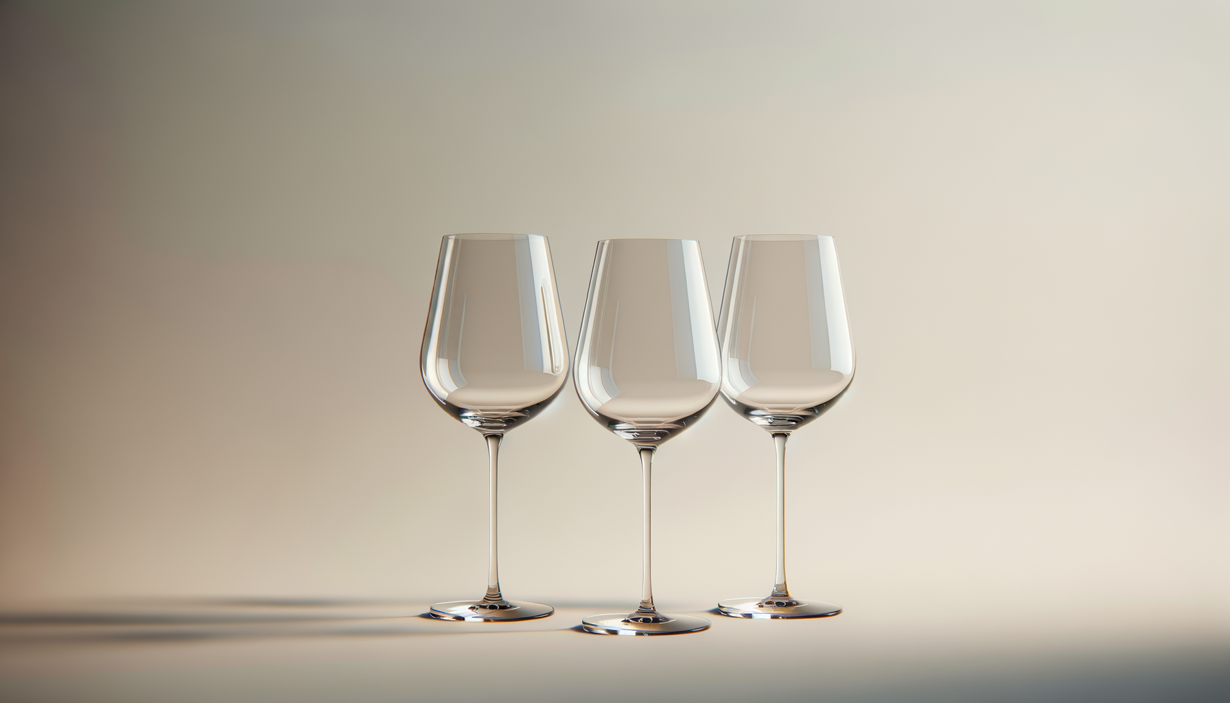 Three empty wine glasses placed side by side on a neutral background.