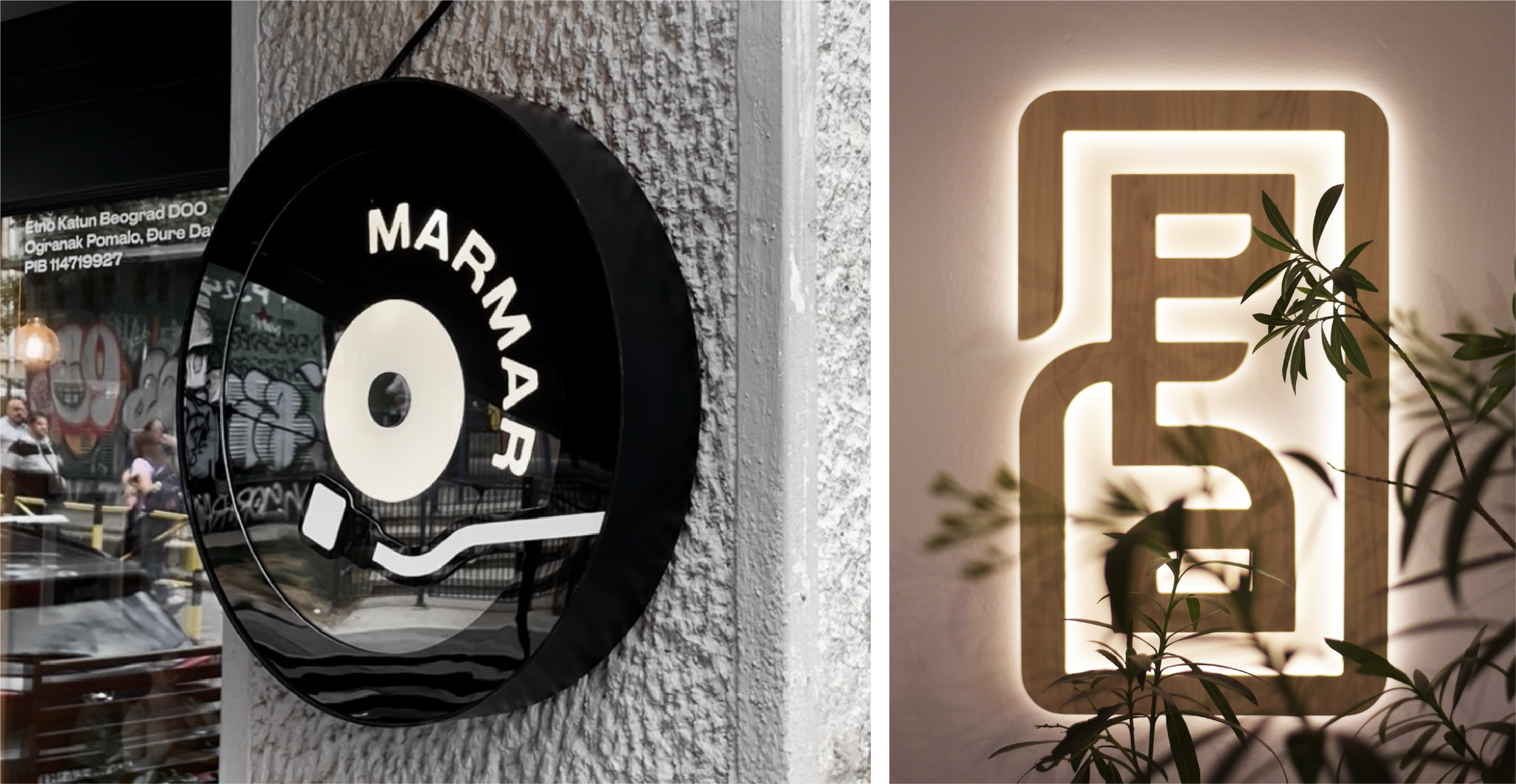Fotografija spoljne svetleće, rotirajuće zidne reklame, logo lokala MARMAR i unutrašnji svetleći znak od punog drveta, logo juvelirske radionice RDJA.