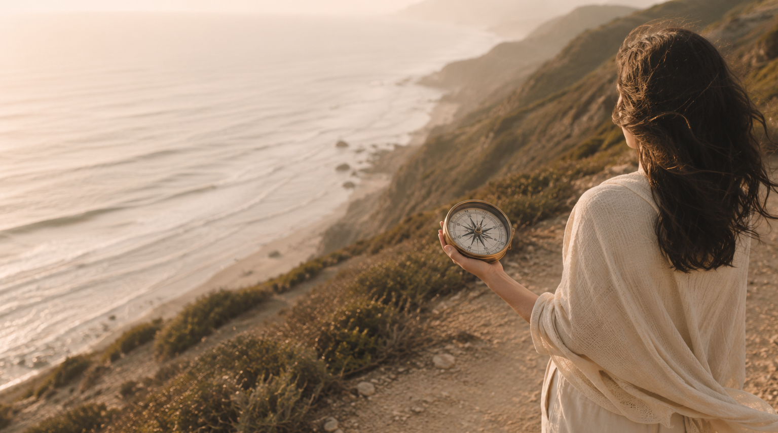 Woman standing on a coastal cliff holding a compass, overlooking the ocean at sunset.