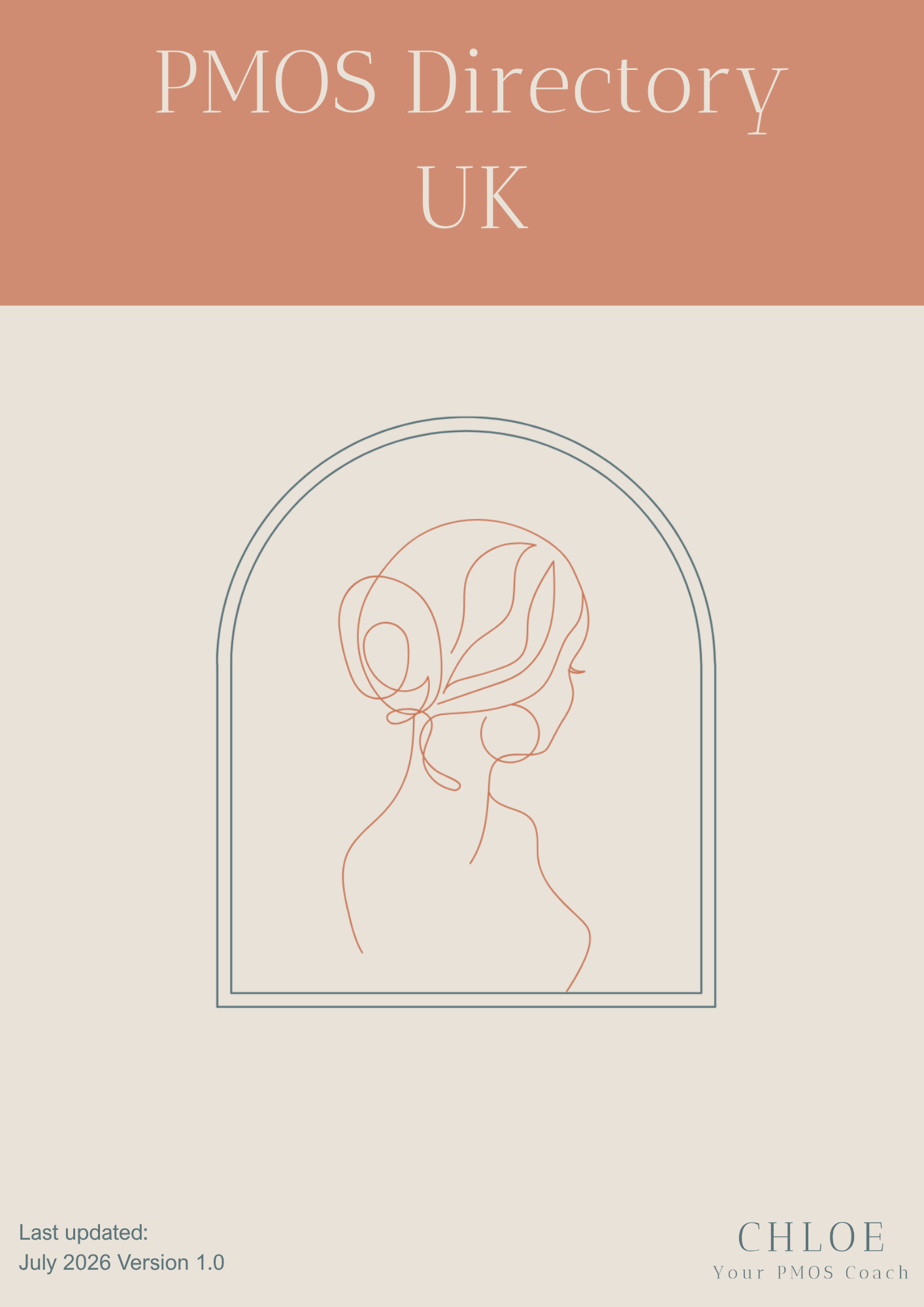 Cover page of a PMOS Directory UK with a minimalist line art of a woman’s face in profile, set against a beige background with a brown header, and text indicating it is for Chloe, a PMOS coach, last updated July 2026.
