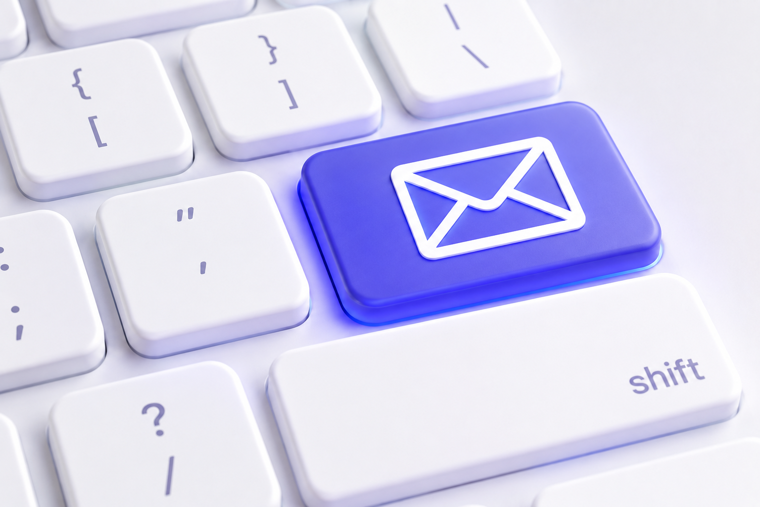 Close-up of a computer keyboard featuring a blue key with an email envelope icon illuminated in white.