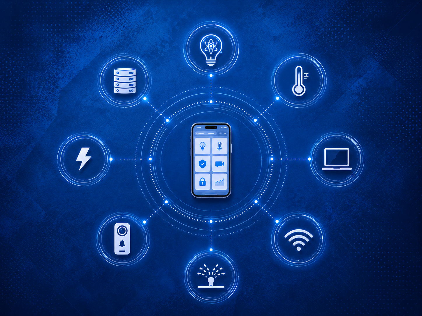 Smartphone displaying home automation app with icons for lighting, temperature, security, and Wi-Fi, surrounded by icons for a server, light bulb, thermometer, laptop, Wi-Fi, alarm, and lightning bolt on a blue digital background.