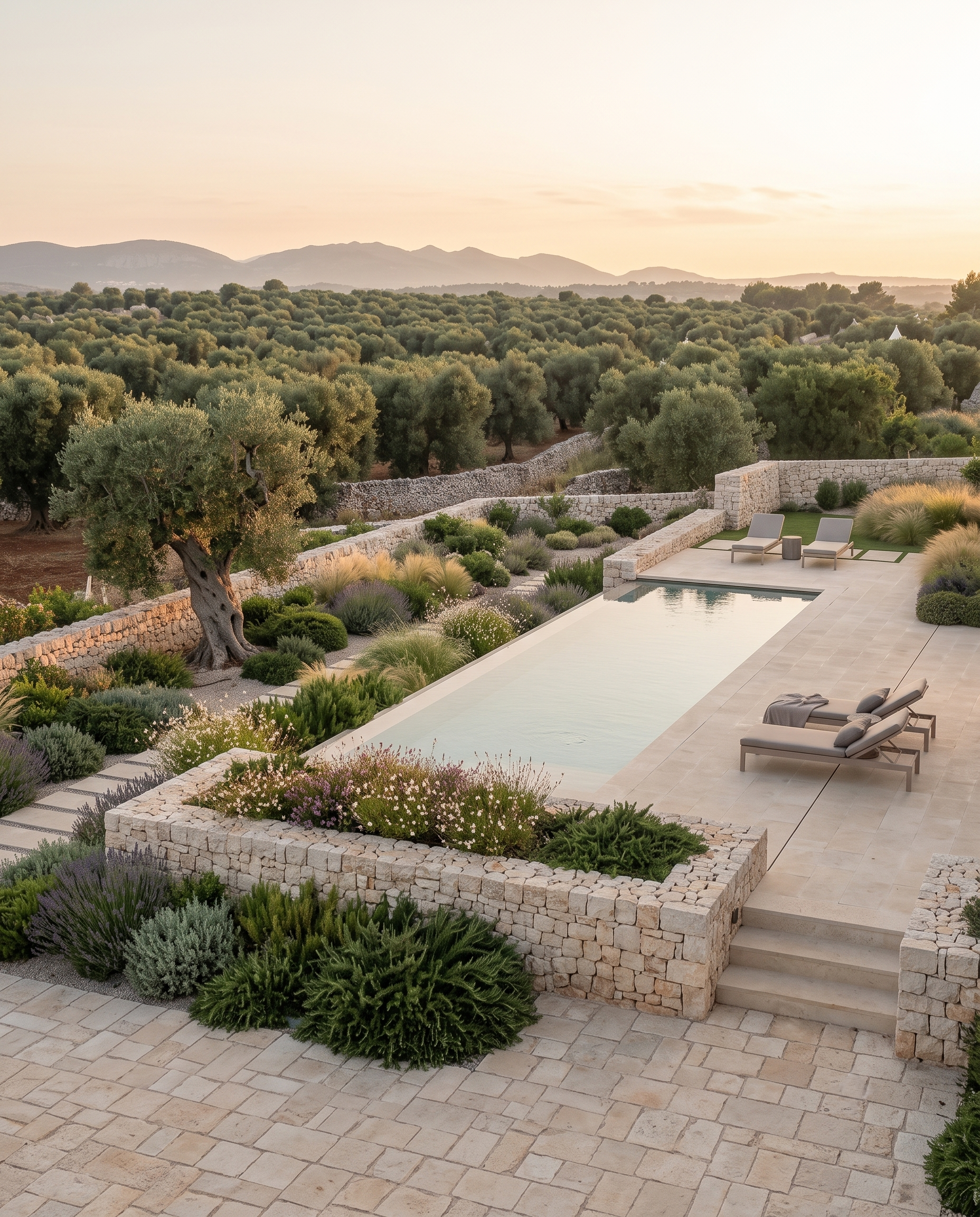 Vista sul panorama di una Villa moderna in Valle D'Itria (Puglia) con piscina a sfioro, giardino mediterraneo, pavimentazione esterna in pietra calcarea locale pugliese. Uliveti e colline che fungono da sfondo.