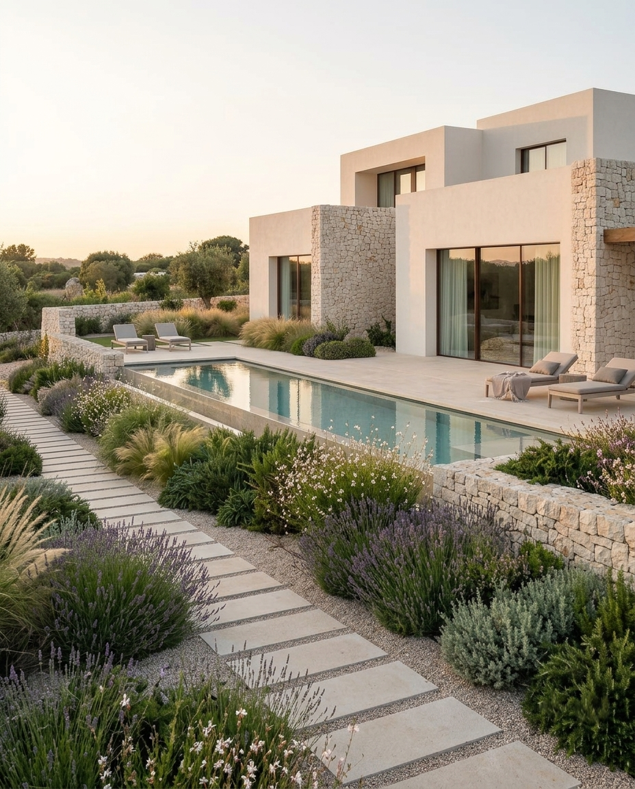 Villa moderna in Valle D'Itria (Puglia) con piscina a sfioro, giardino mediterraneo, facciate casa in pietra calcarea locale pugliese, con un paesaggio naturale che incornicia la scena.