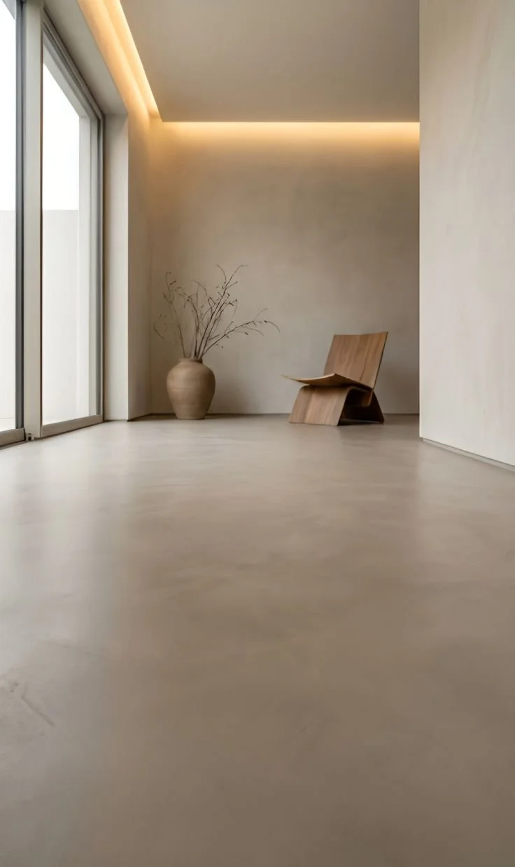 Interno minimalista con pavimento in resina beige, una sedia in legno curvato in fondo a destra, un grande vaso di terracotta con rami secchi e pareti chiare, illuminazione soffusa sul soffitto