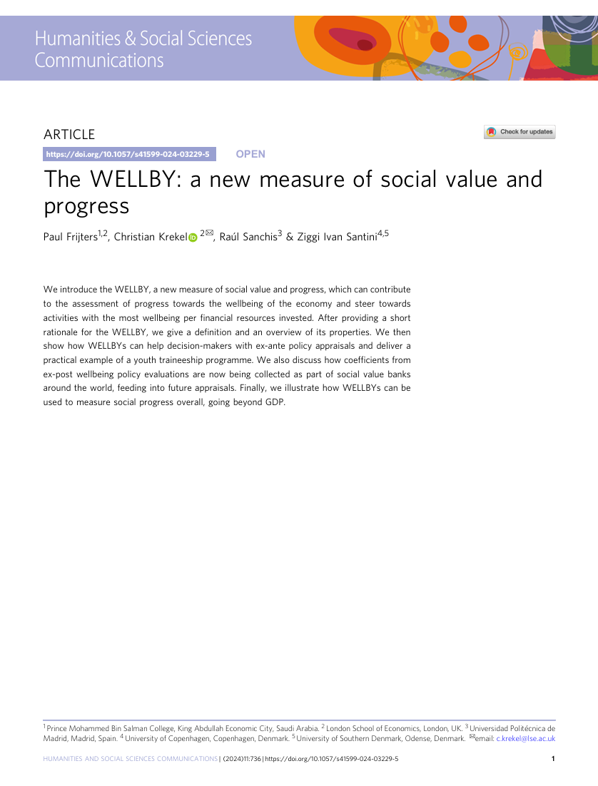 Forside af en akademisk artikel om WELLBY, en ny måling af social værdi og fremskridt, med navne på forfattere og institutioner, samt en grafik i øverste højre hjørne.