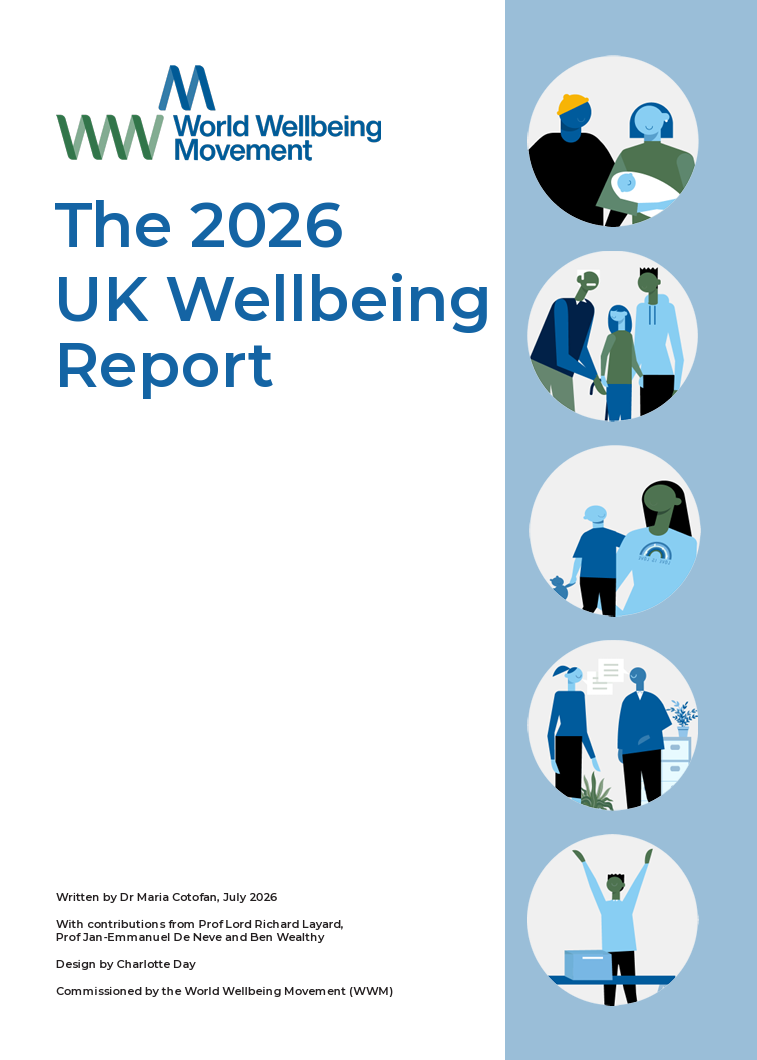 Forside af rapporten 'The 2026 UK Wellbeing Report' med logo for verdens velværebevægelse og seks illustrationer af mennesker i forskellige situationer.