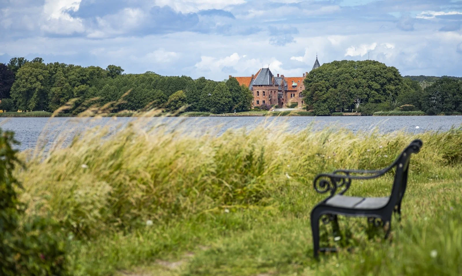 En sø, omgivet af grønne træer med et gammelt rødt hus i baggrunden, en sort havebænk i forgrunden, græs og vilde planter i forgrunden.