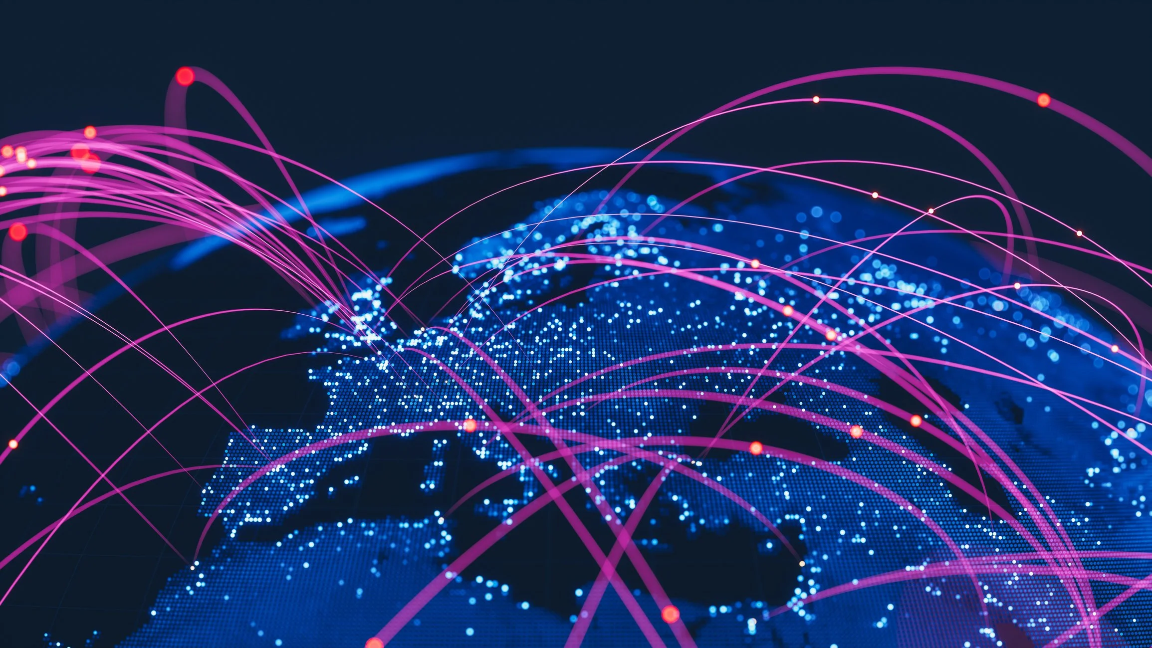 Abstract globe at night criss-crossed by glowing magenta and blue network lines linking cities across Europe.