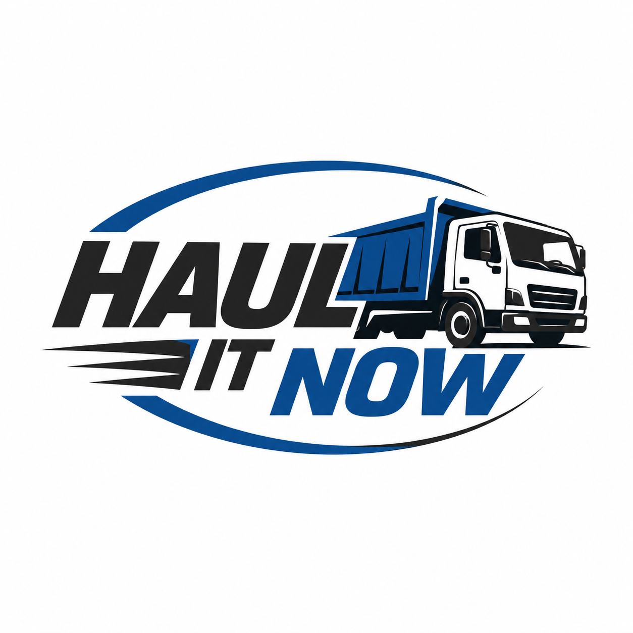 Logo for 'Hau It Now' featuring a black and white truck with blue cargo, with the text 'HAUL IT NOW' in black and blue, enclosed by a swooping blue and black oval.
