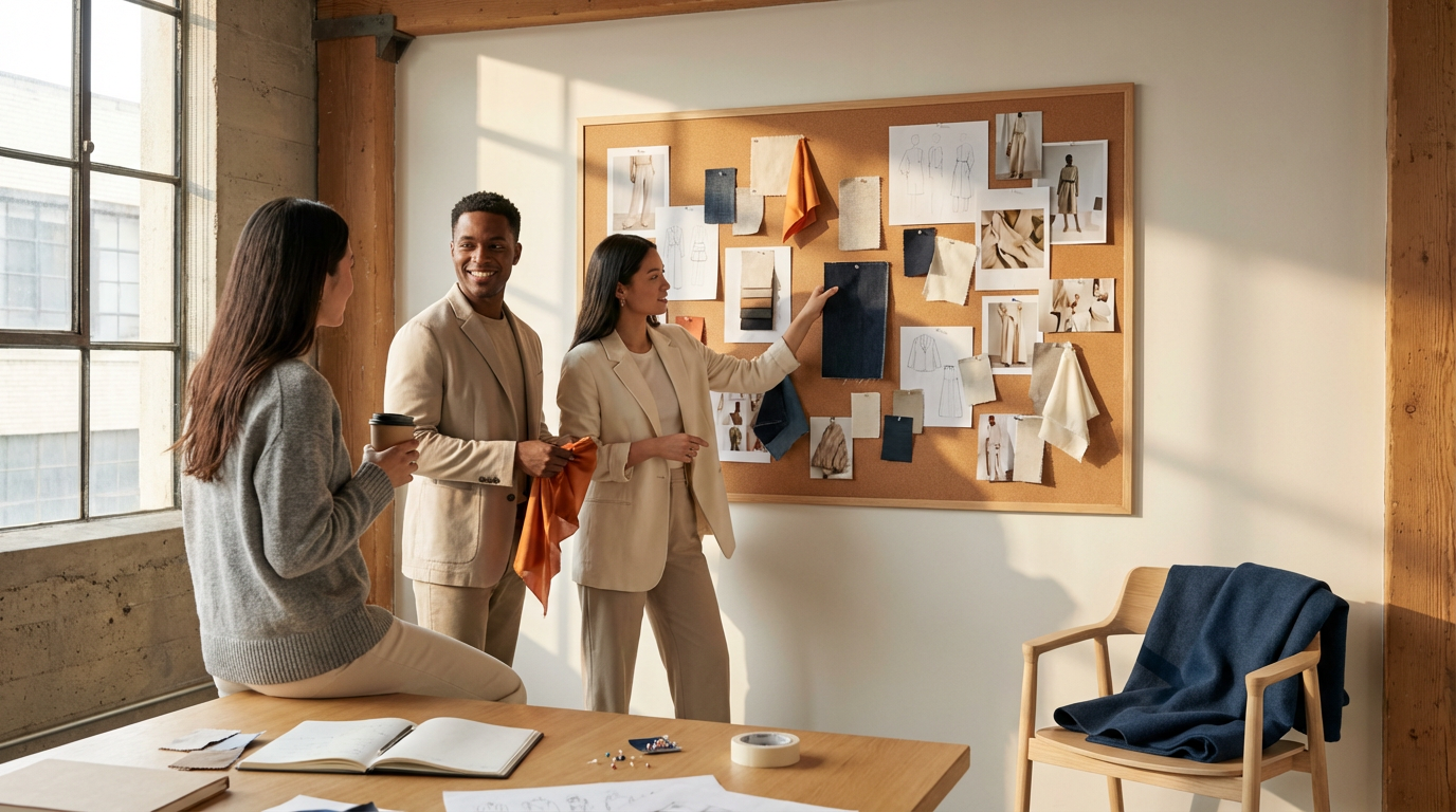 Three people in business attire discussing design ideas around a corkboard filled with fabric samples, sketches, and photos in a well-lit office with large window.