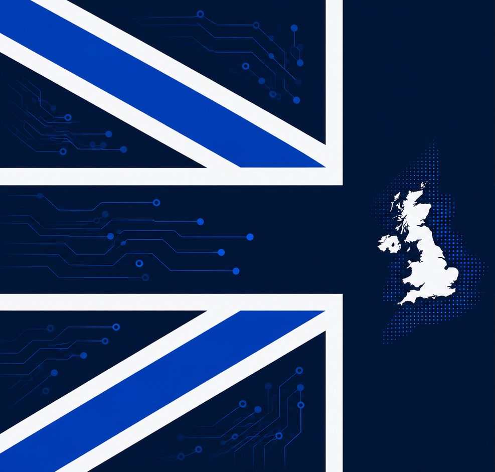 An illustration of the United Kingdom flag with a digital circuit pattern, and a map of the UK made of dots on the right side.