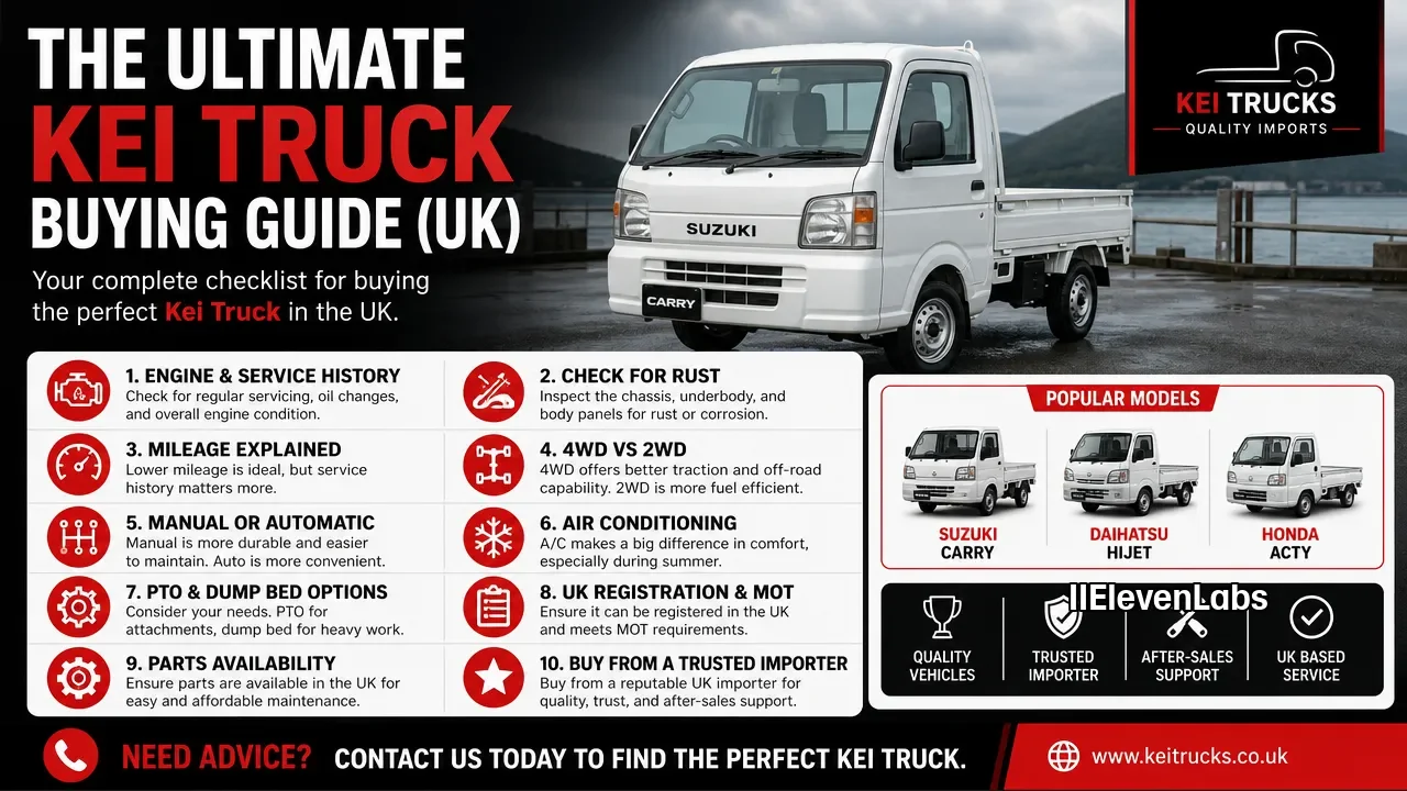 Infographic about buying a Kei Truck in the UK, showing a small white Suzuki Carry truck near a body of water, with a checklist for first-time buyers, popular models, and logo of KEI Trucks
