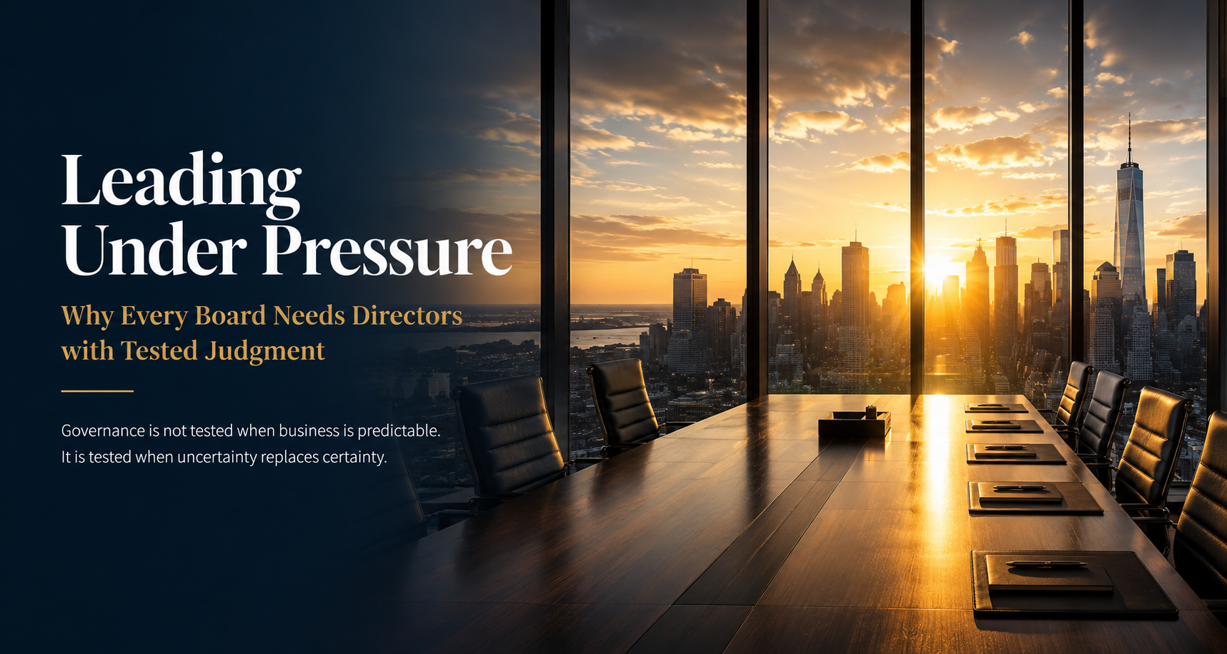Leading Under Pressure cover featuring a boardroom at sunrise and the message that boards need directors with tested judgment when uncertainty replaces certainty.