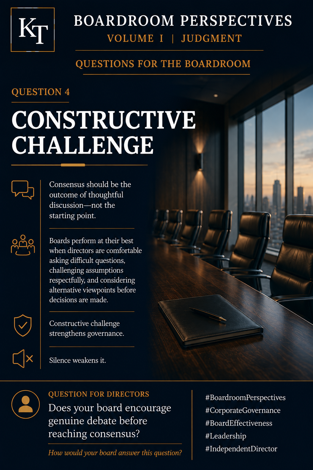 Boardroom Questions graphic asking, “Does your board encourage genuine debate before reaching consensus?”