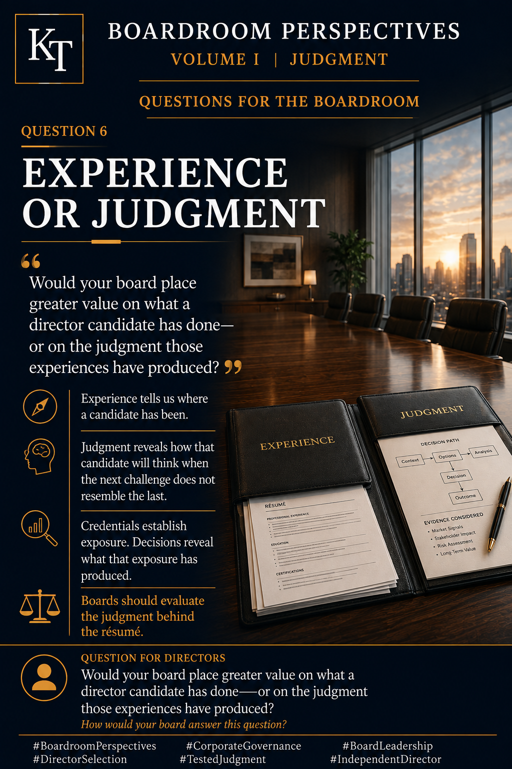 Judgment Over Experience cover featuring an executive boardroom at sunrise and the message that experience matters only when it produces sound judgment.