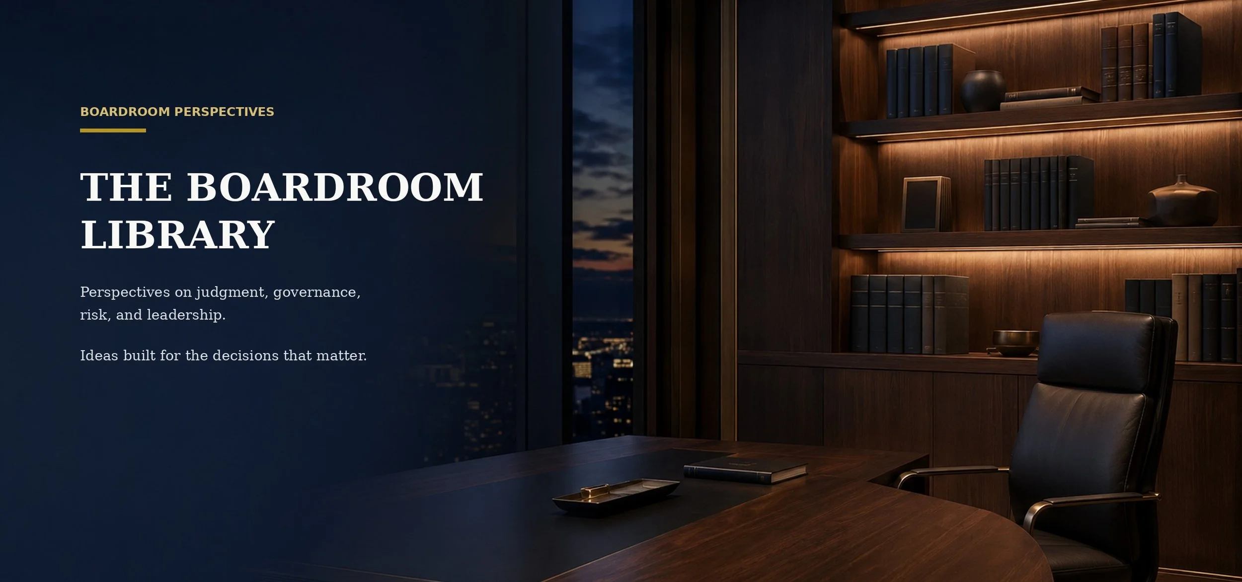 Modern executive boardroom library with illuminated bookshelves, an empty director’s chair, and perspectives on judgment, governance, risk, and leadership.
