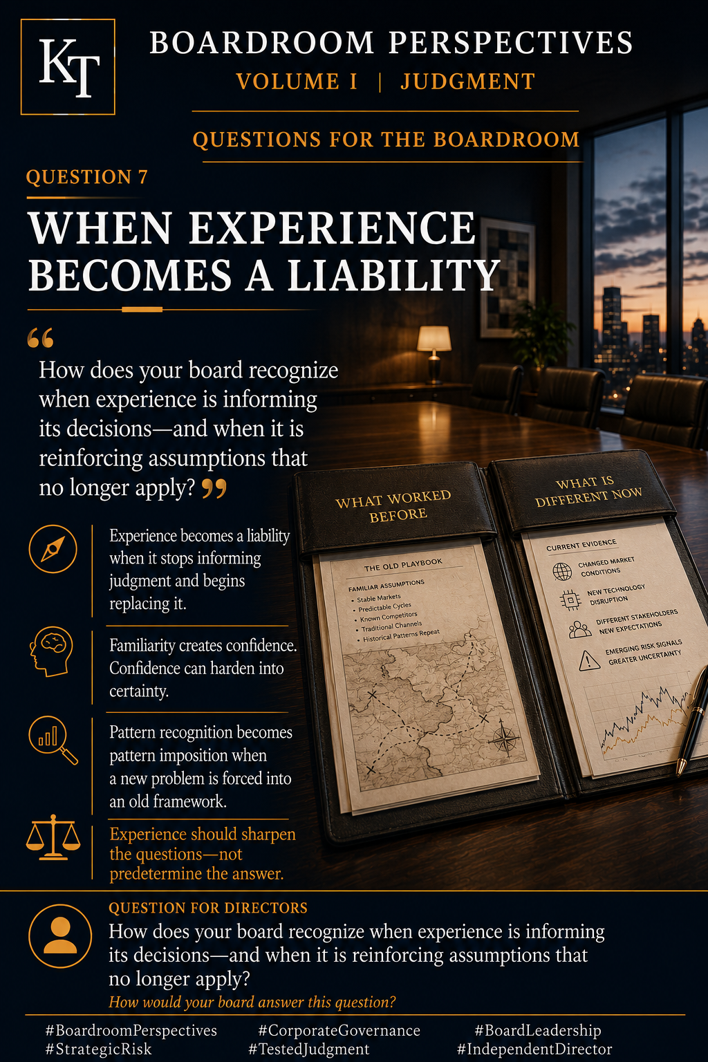 Boardroom Perspectives graphic contrasting an old playbook with current evidence to show how experience can become a liability when changing conditions are overlooked.