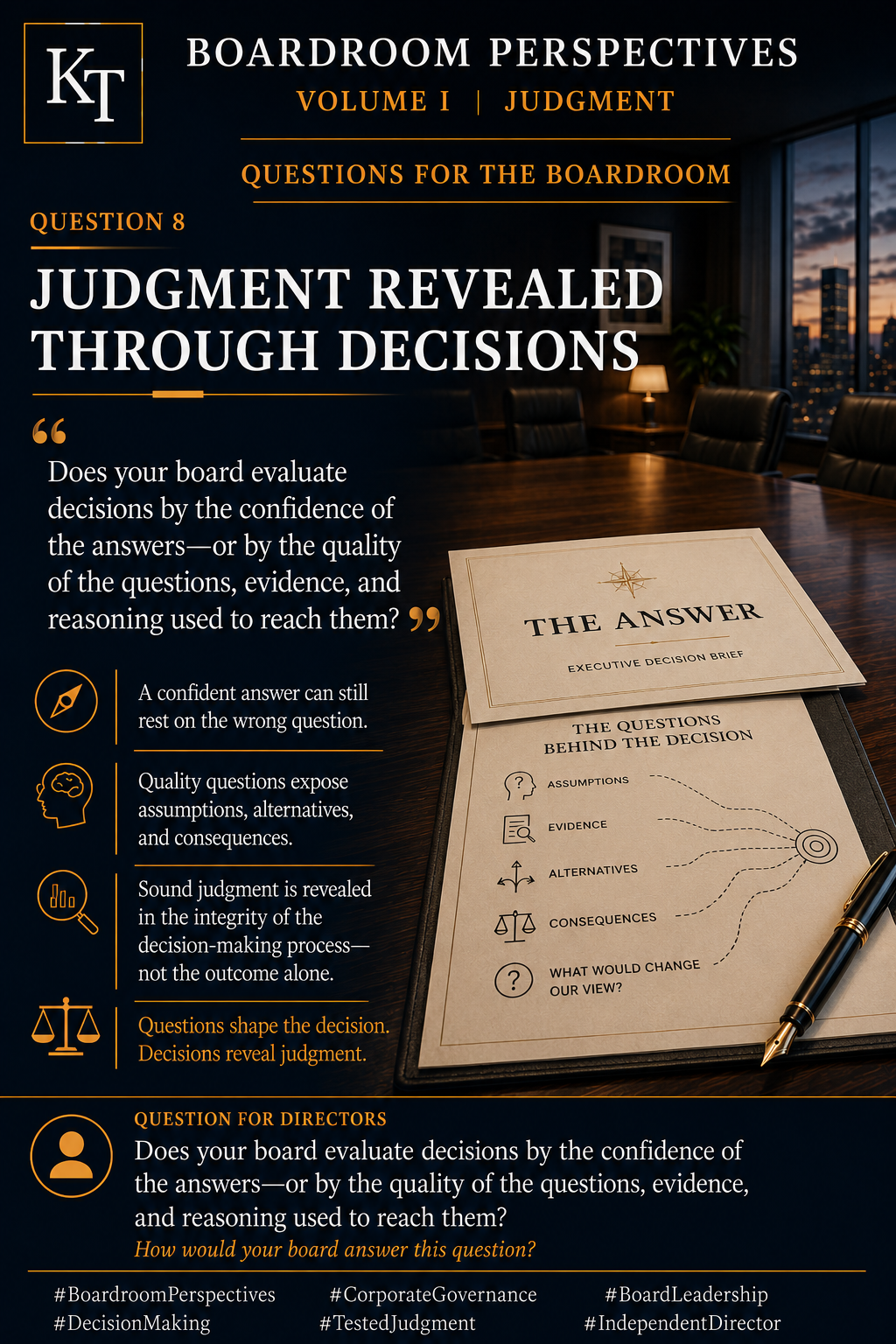 Boardroom Perspectives graphic showing how the quality of a decision depends on the questions, evidence, assumptions, alternatives, and reasoning behind it..