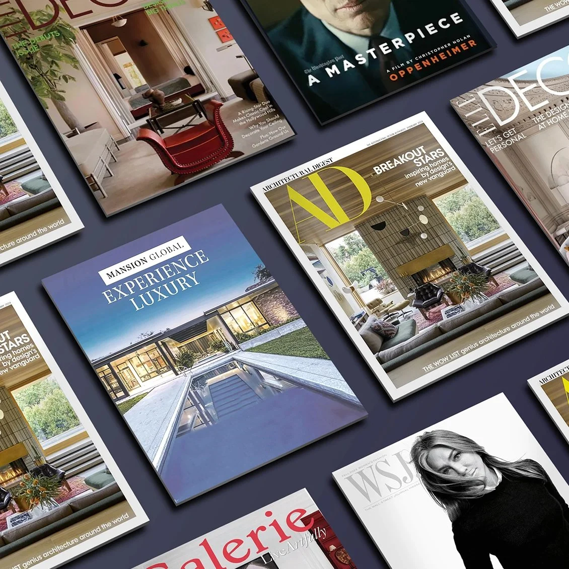 A collection of magazines on architecture, design, and luxury living, including covers showcasing modern homes, interior designs, and architecture magazines.