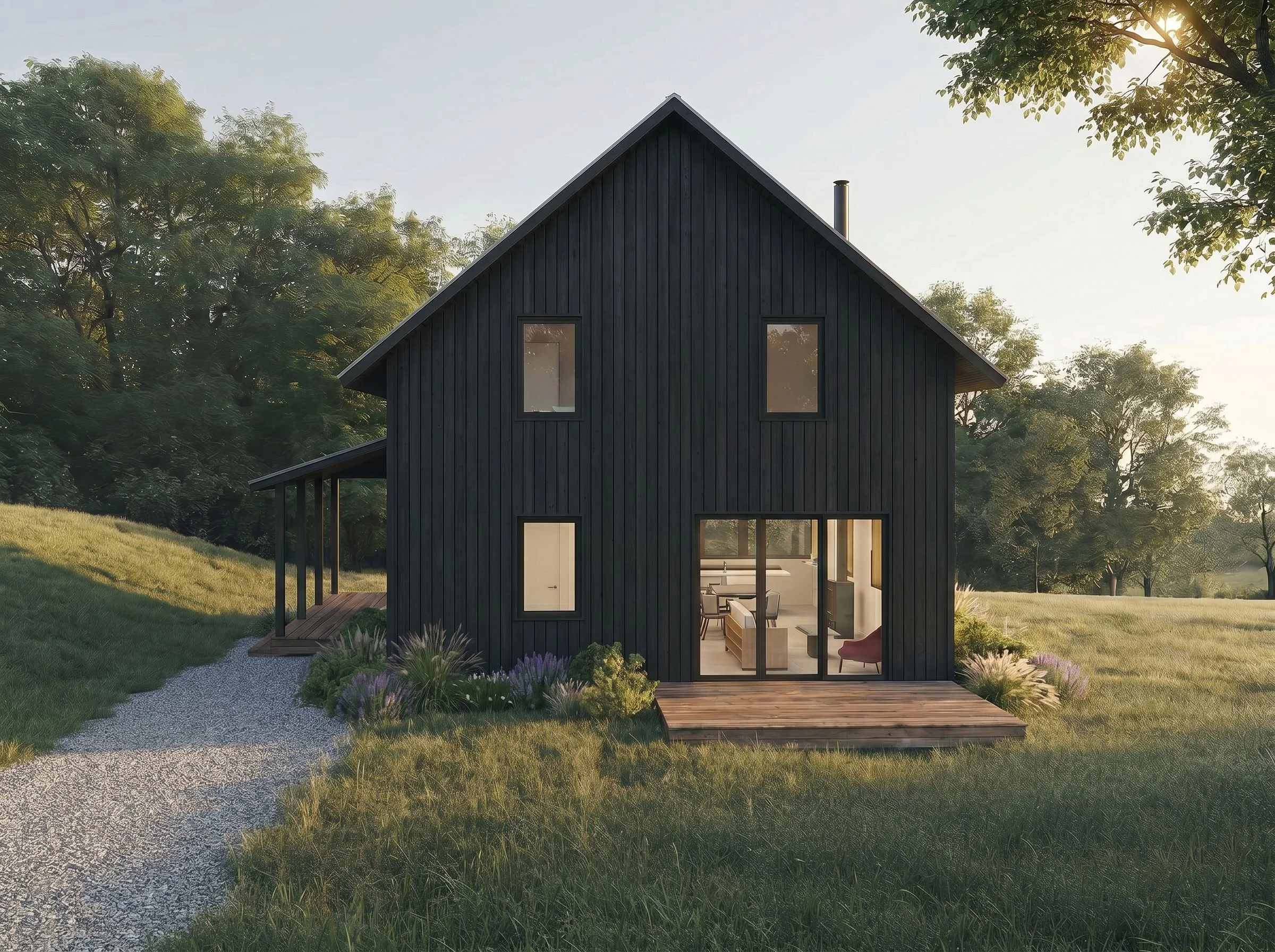 Modern black wooden house with large windows and a deck, surrounded by green grass and trees, during sunset