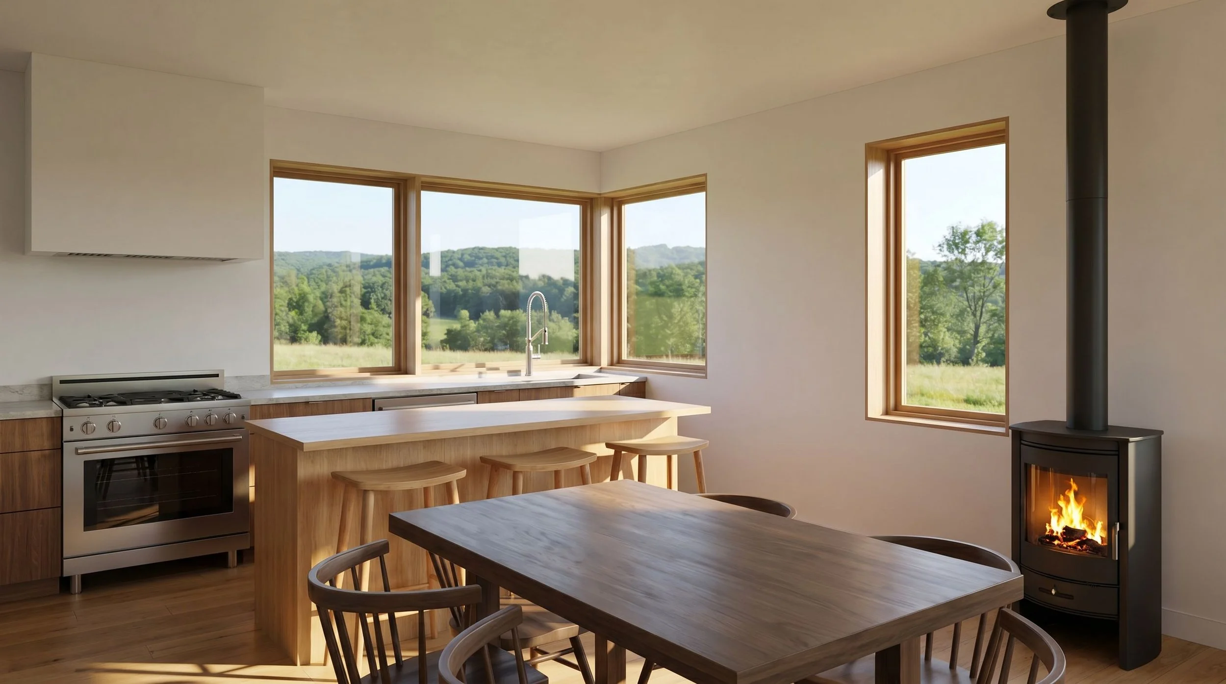 A modern kitchen with large windows showing a scenic outdoor view, a wood dining table with chairs, a stove, a countertop with a sink, and a wood stove with a fire.