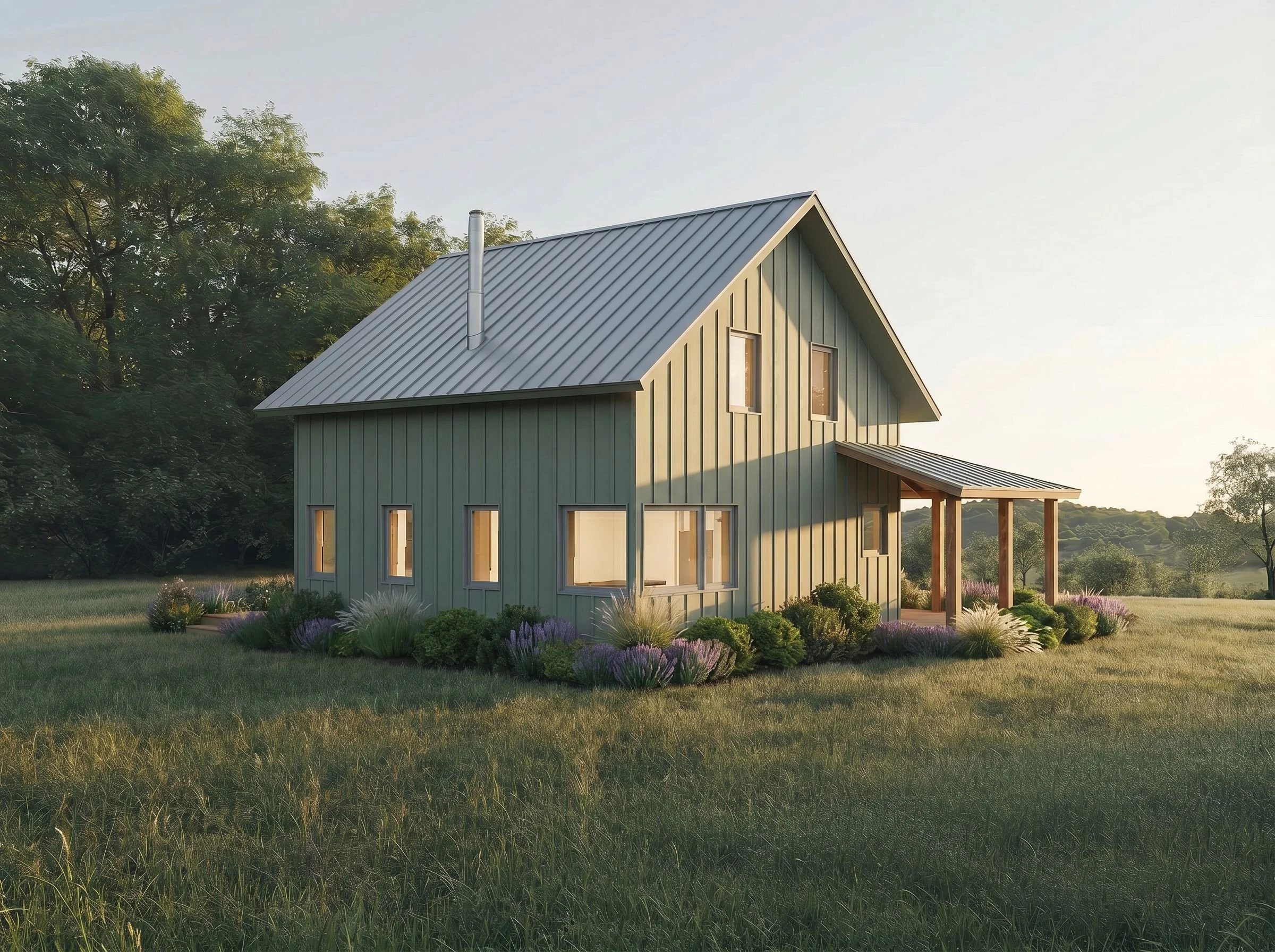 A modern house with vertical siding and a metal roof, situated in a grassy area with trees in the background, during sunset.