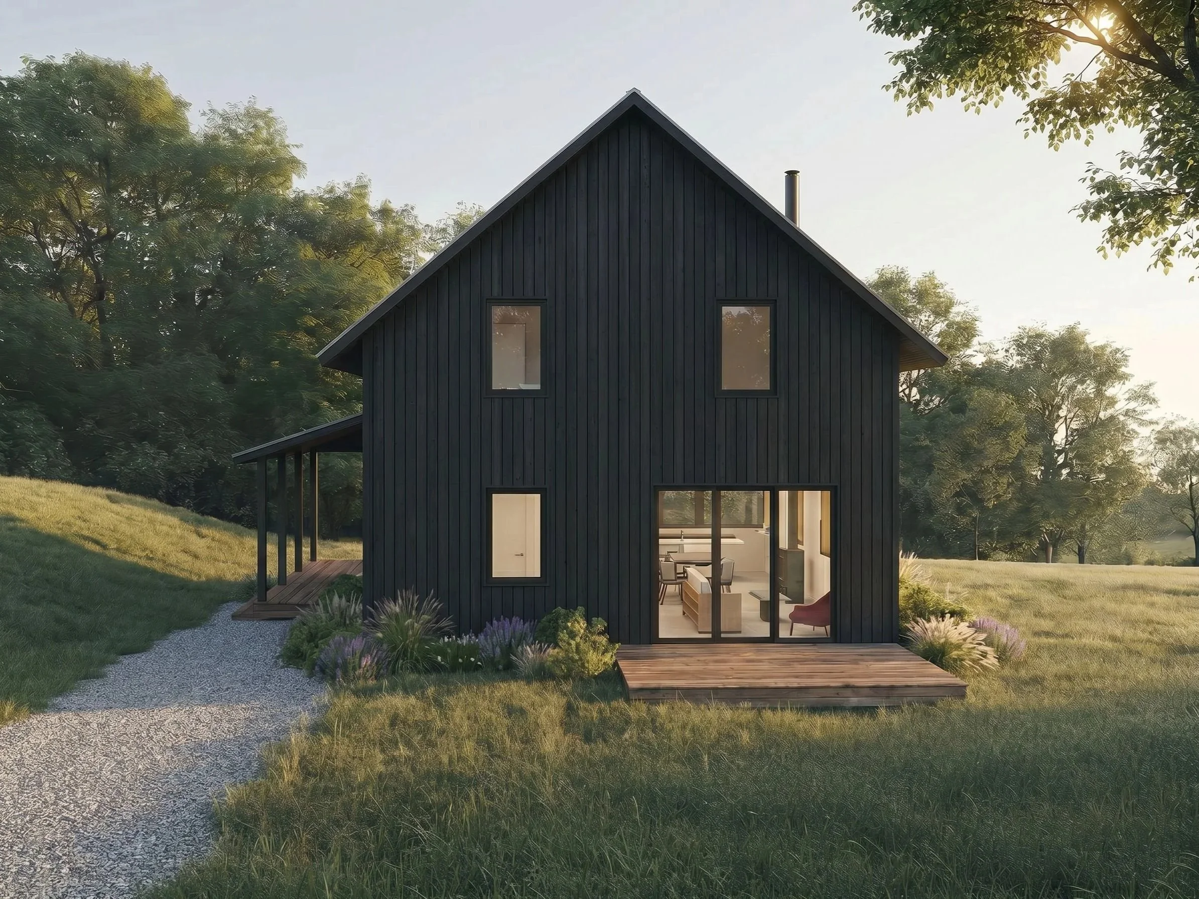 A modern two-story house with dark vertical siding, large windows, and a small wooden porch, surrounded by trees and greenery in the sunlight.
