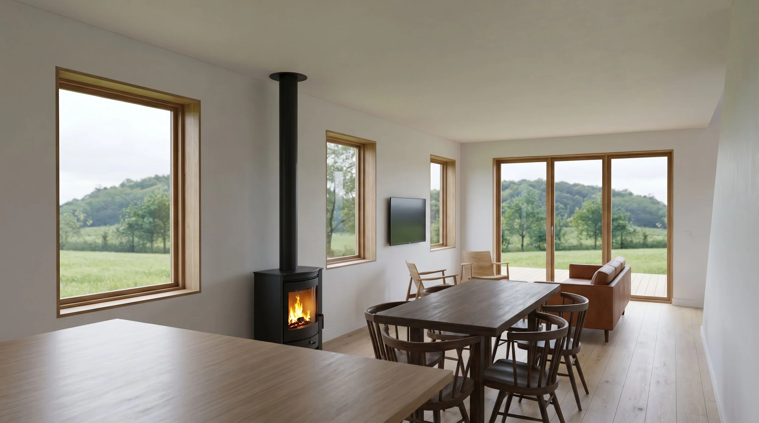 Modern living room with large windows showing a green landscape, a wood-burning stove, a wall-mounted TV, and wooden furniture.