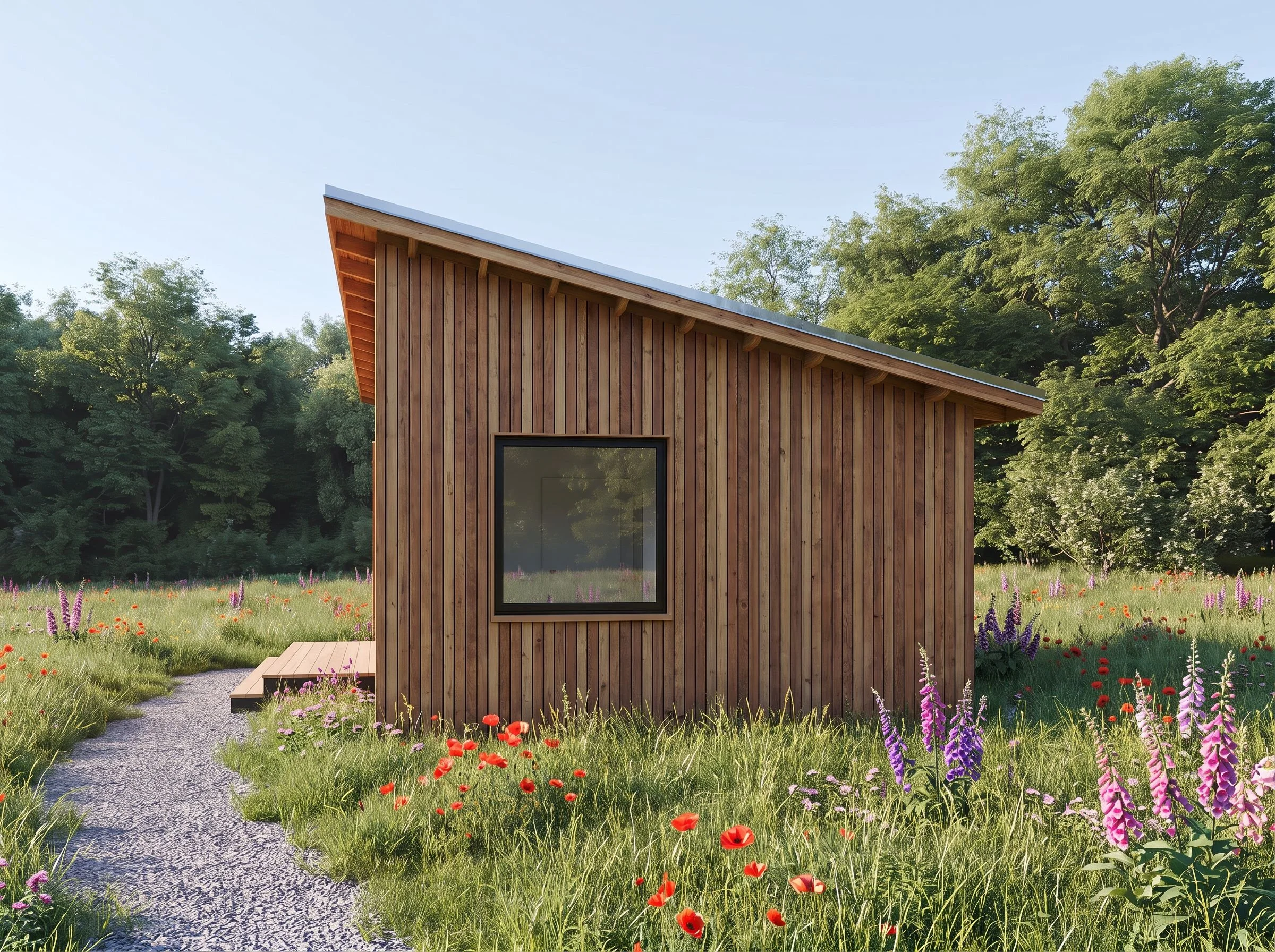 Modern ADU with natural wood siding.