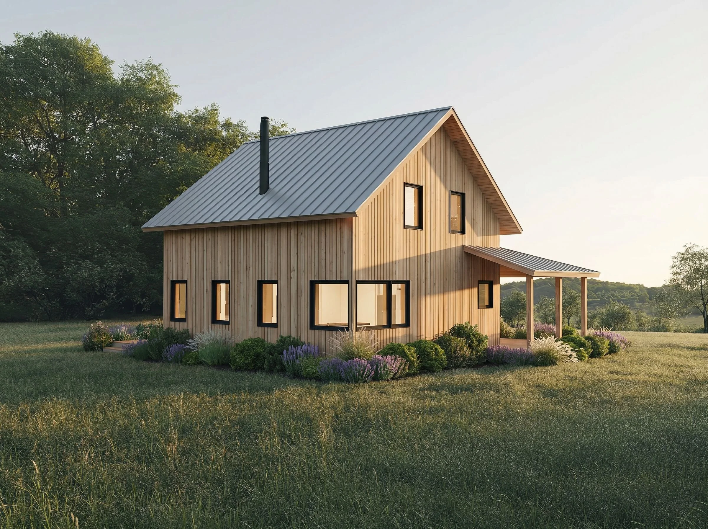Modern wood house with large windows, surrounded by green grass and trees, with a clear sky and sunset lighting.